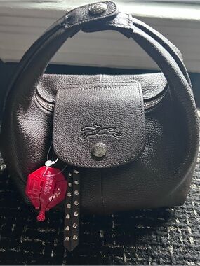 Longchamp Black Mini Leather Top-Handle Bag with Stud Tassel